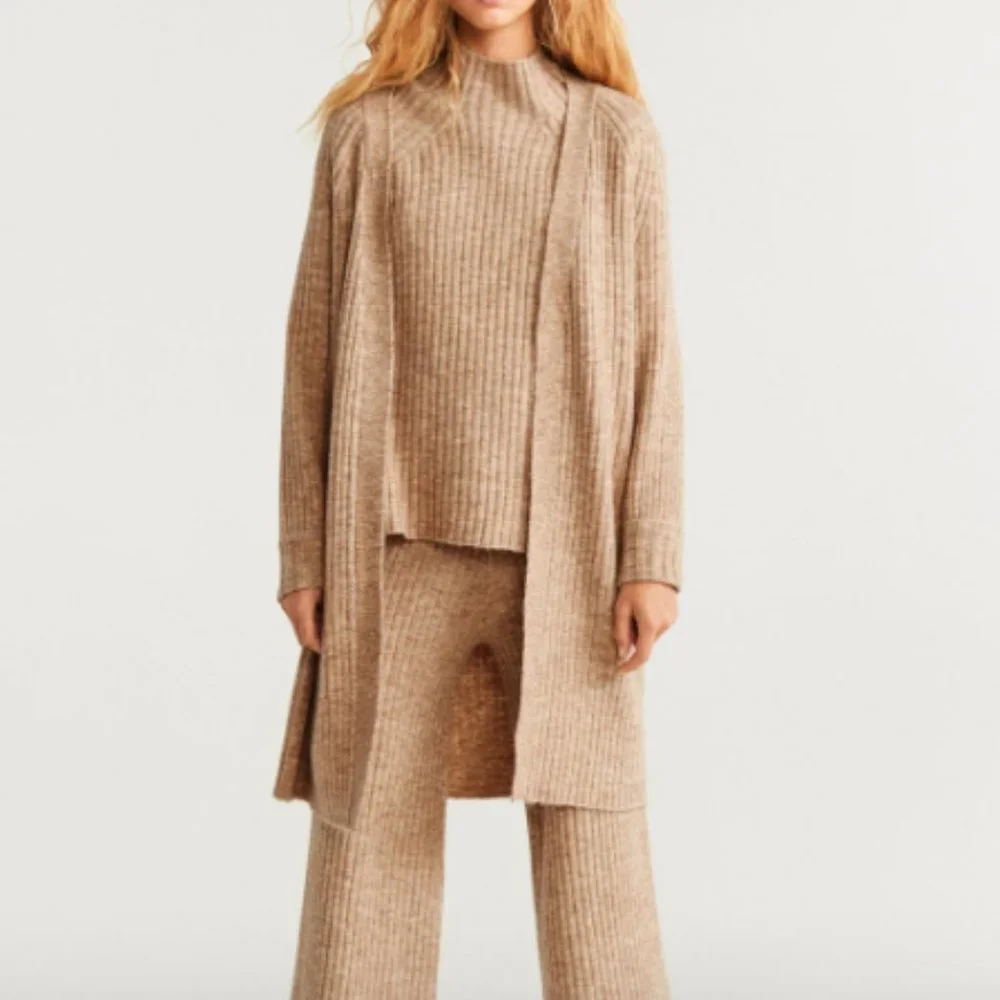 Mango Ribbed Knit Long Cardigan in Marled Tan - Picture 1 of 5